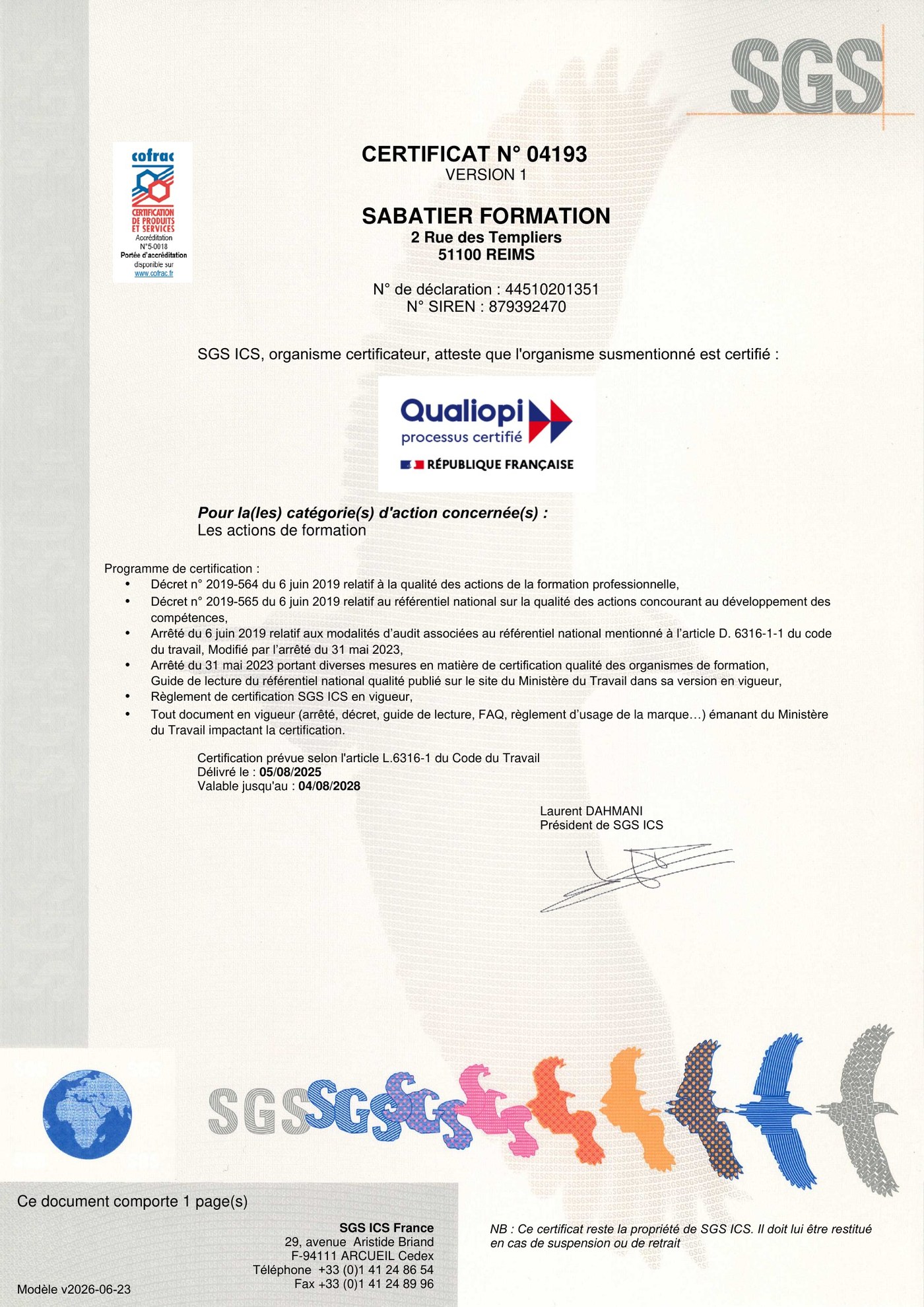 Certificat Qualiopi de Sabatier Formation — n° 04193